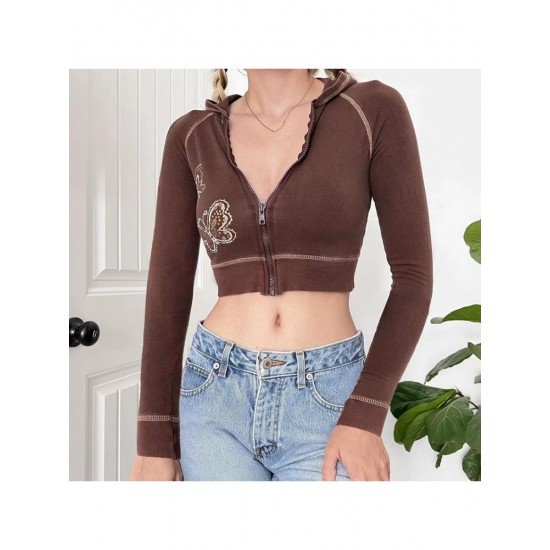  Butterfly Pattern Hooded Cropped Zip Tops