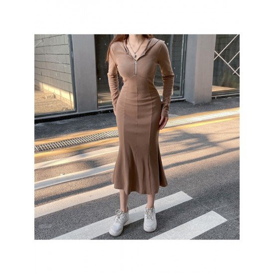 Casual Hooded Collar Solid Long Sleeve Midi Dresses