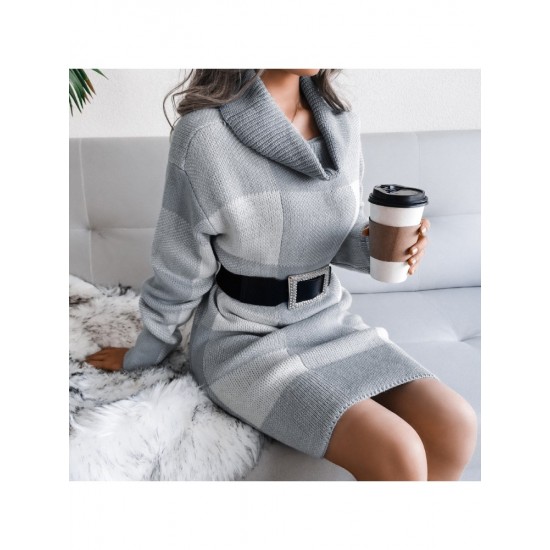  Casual Turtleneck Plaid Knitted Women's Dress