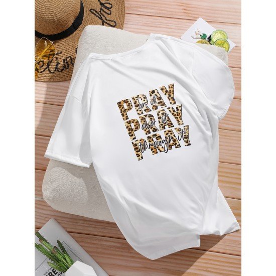 Leopard Letter Printed White T Shirts For Women