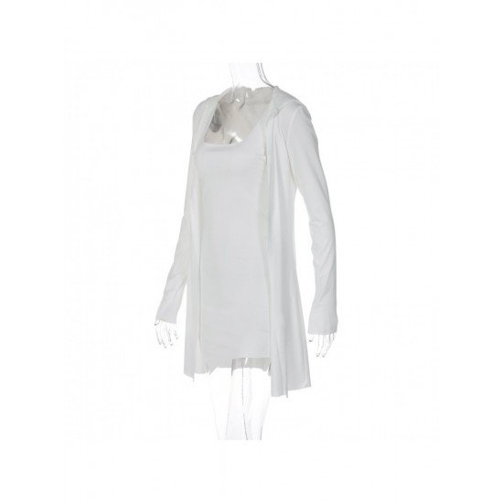 Sleeveless White Mini Dress And Hooded Coat Sets