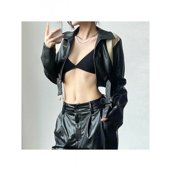 Leather Patchwork Contrast Color Cropped Motorcycle Jackets