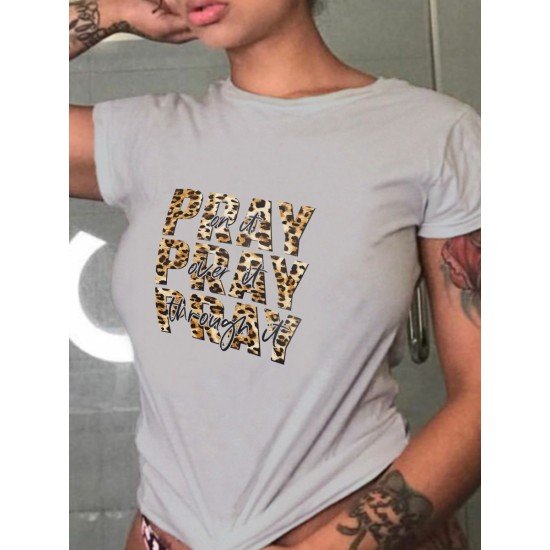 Leopard Letter Printed White T Shirts For Women