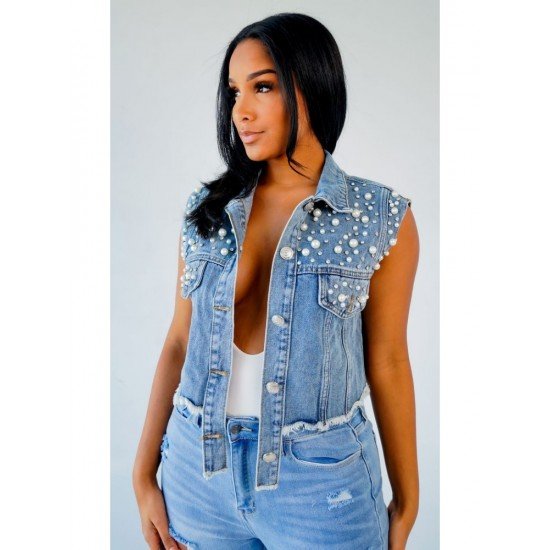 Faux-Pearls Rhinestone Sleeveless Denim Jackets For Women