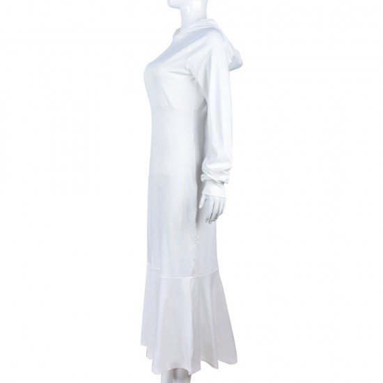 Casual White Ruffle Hooded Collar Maxi Dress