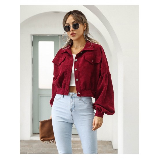  Winter Corduroy Pure Color Lantern Sleeve Women Jacket