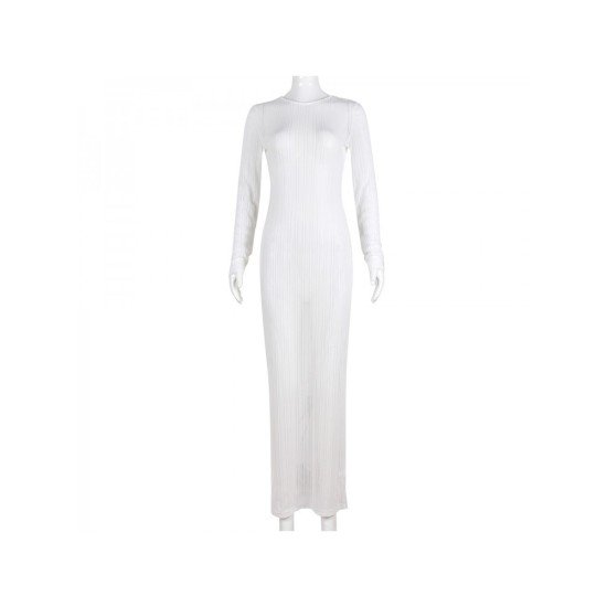 See Through Backless Long Sleeve White Maxi Dress