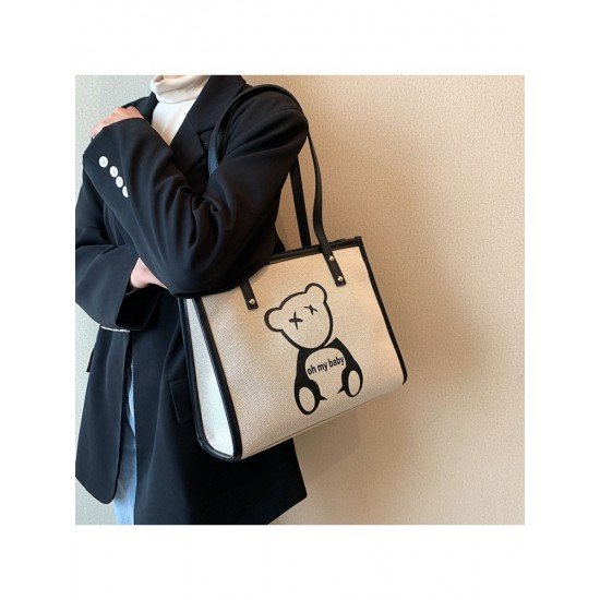 Contrast Color Bear Printed Tote Bags