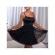 Ladies Black Square Neck Spaghetti Straps Puffy Dress