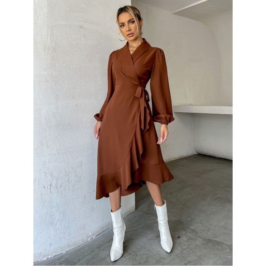 Fall Ruffle Tie Wrap Long Sleeve Dresses