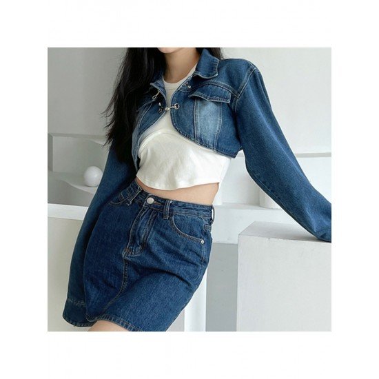 Designer Blue Cropped Denim Jacket Coats