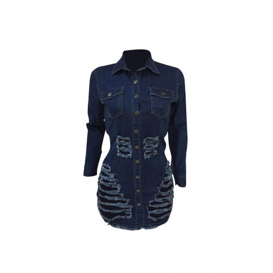  Fashion Pure Color Ripped Women's Denim Dress