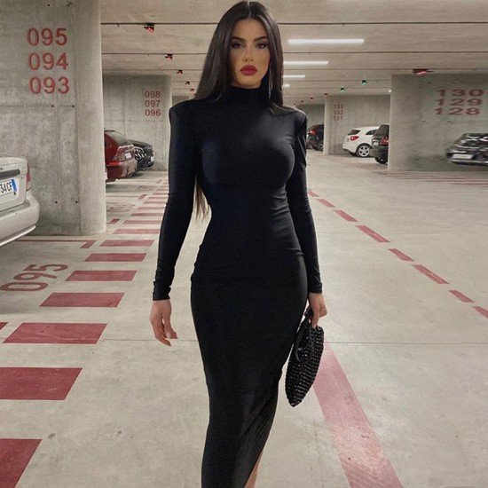 Mock Neck Long Sleeve Black Midi Dress