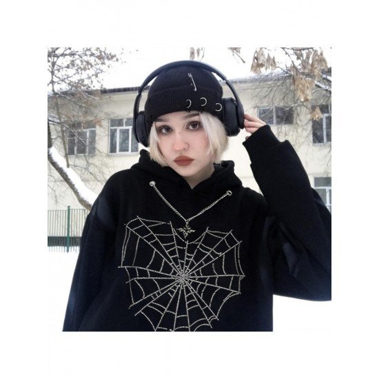  Heart Cobwebs Hot Drilling Hooded Black Tops