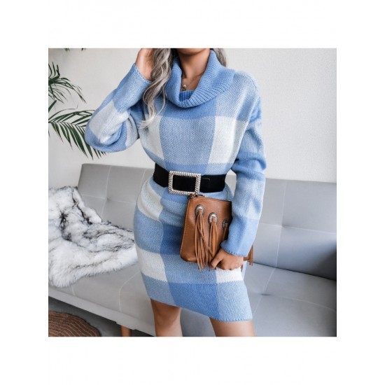  Casual Turtleneck Plaid Knitted Women's Dress