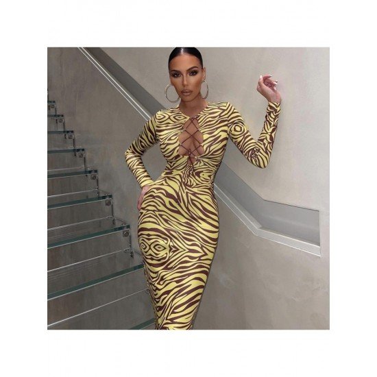 Tie Wrap Zebra Stripes Long Sleeve Midi Dresses 