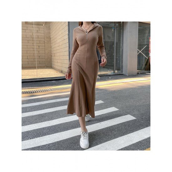 Casual Hooded Collar Solid Long Sleeve Midi Dresses