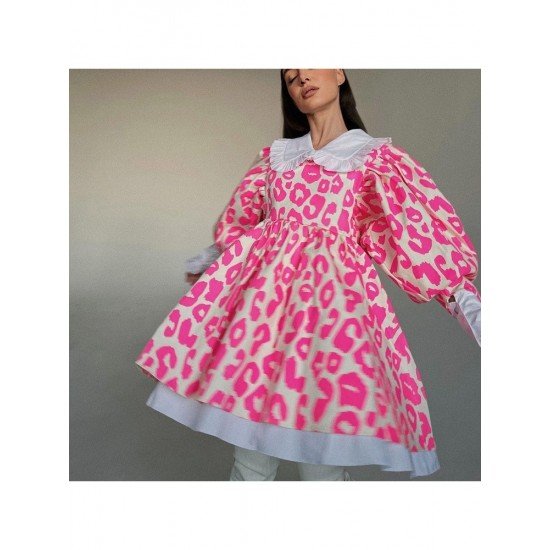 Cute Ladies Printed Doll Collar Lantern Sleeve Dresses