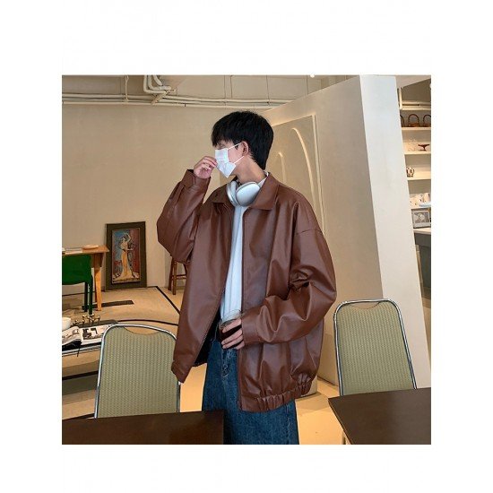  Fashion Pu Leather Men's Pure Color Jacket