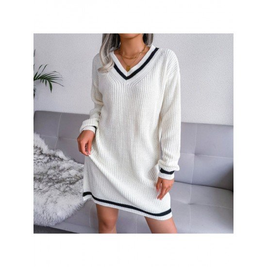 White V Neck Long Sleeve Short Sweater Dresses