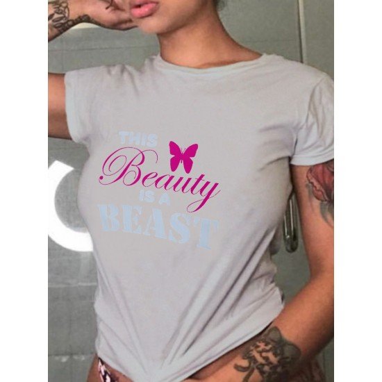 Butterfly Letter Printed Summer Crew Neck T Shirts