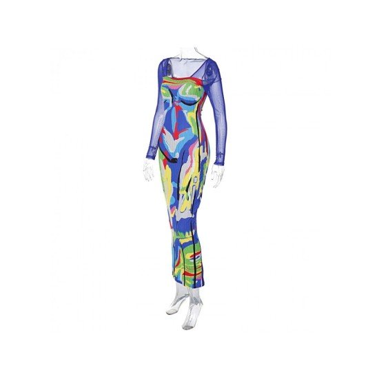 Printed Square Neck Cocktail Long Sleeve Maxi Dress