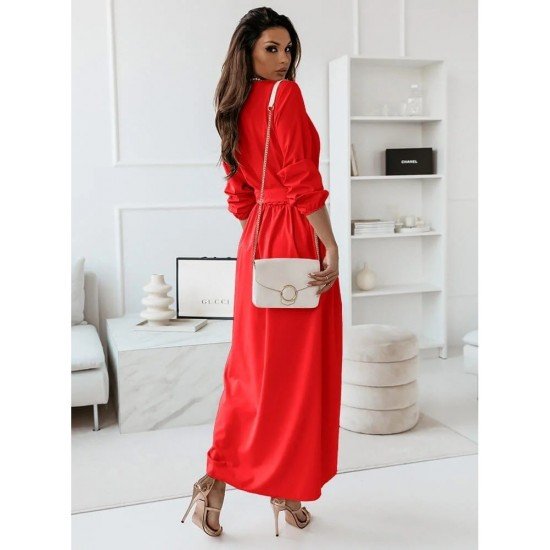  Temperament V Neck Pure Color Long Dress