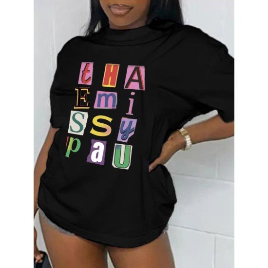 Letter Printed Black Casual T Shirts For Women