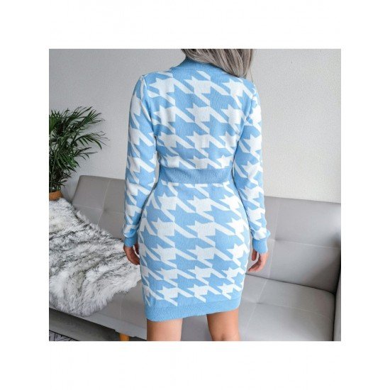 Houndstooth V Neck Long Sleeve Sweater Dress