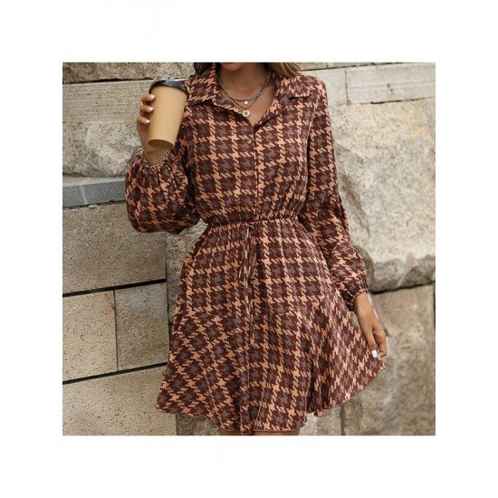 Houndstooth Patchwork Long Sleeve Fall Dress