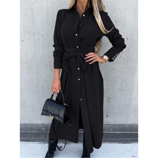  Pure Color Split Long Sleeve Dress