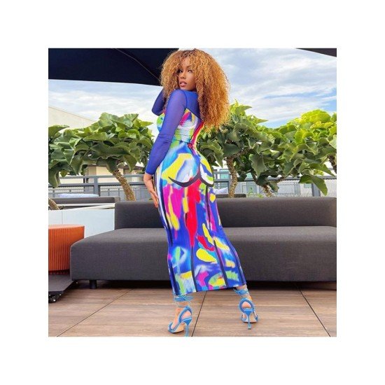 Printed Square Neck Cocktail Long Sleeve Maxi Dress