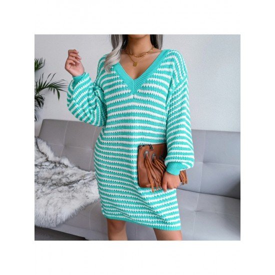 V Neck Striped Lantern Sleeve Sweater Dress