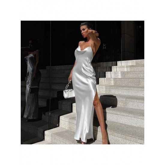  Elegant Backless Satin Split Pure Color Sleeveless Dress