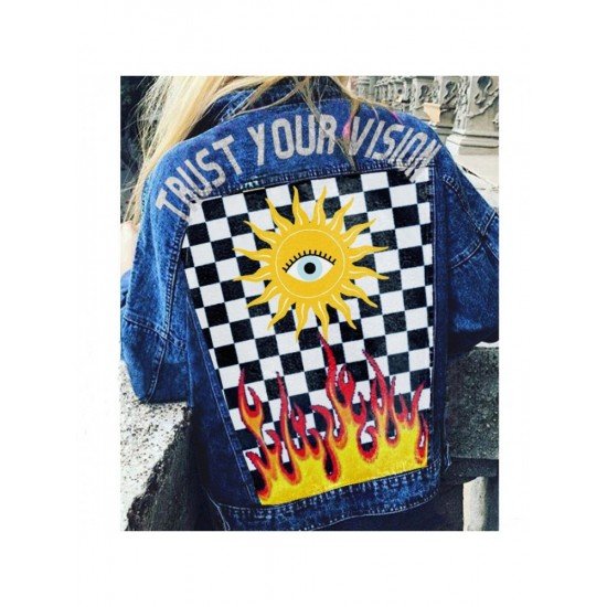 Grid Printed Denim Jacket Coats For Women