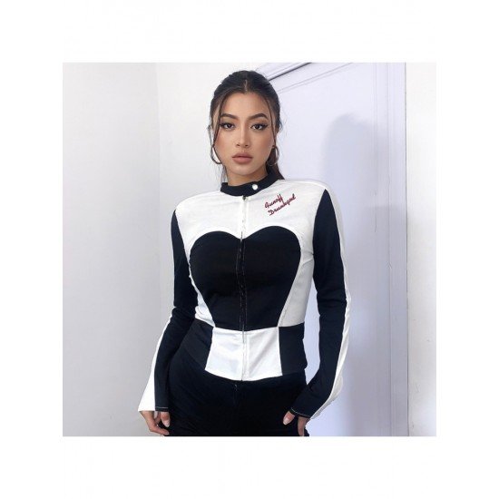 Embroidery Black White Color Blocking Jacket Coats