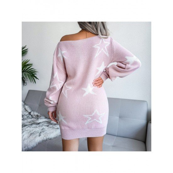 Star Pattern Long Sleeve Women Sweater Dress