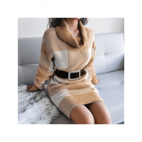  Casual Turtleneck Plaid Knitted Women's Dress