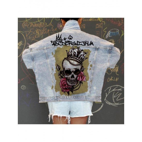 Spring Skull Pattern Women Denim Jacket Coats