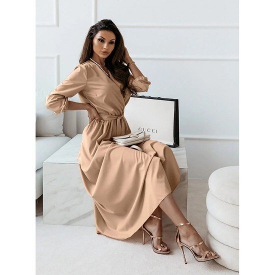  Temperament V Neck Pure Color Long Dress