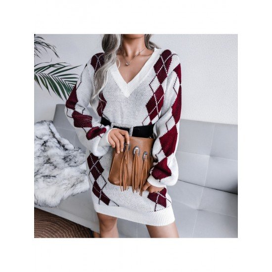 V Neck Rhombus Long Sleeve Sweater Dress