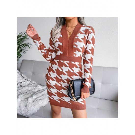 Houndstooth V Neck Long Sleeve Sweater Dress