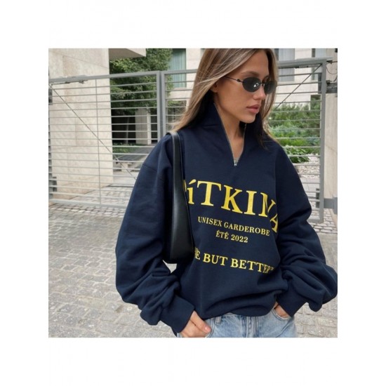  Casual Loose Letter Printing Zipper Women's Sweater