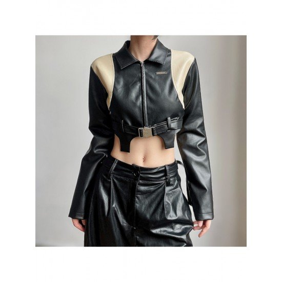 Leather Patchwork Contrast Color Cropped Motorcycle Jackets