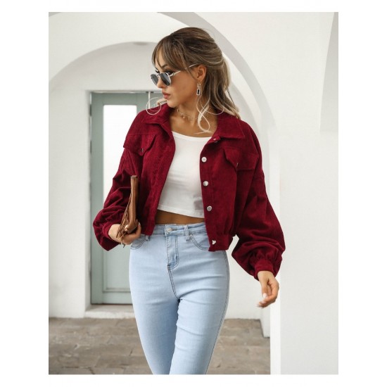  Winter Corduroy Pure Color Lantern Sleeve Women Jacket