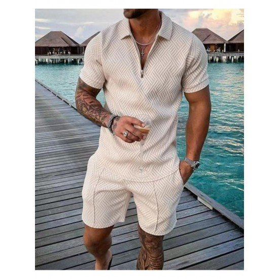  Men's Casual Pure Color Polo Shirt And Shorts Sets