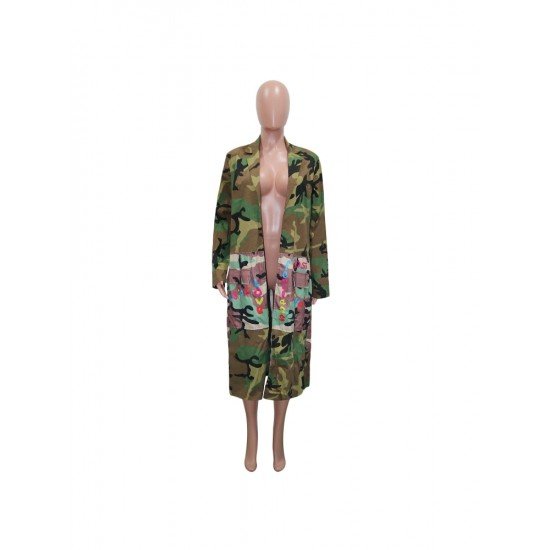 Fall Camouflage Letter Printed Long Coats For Women