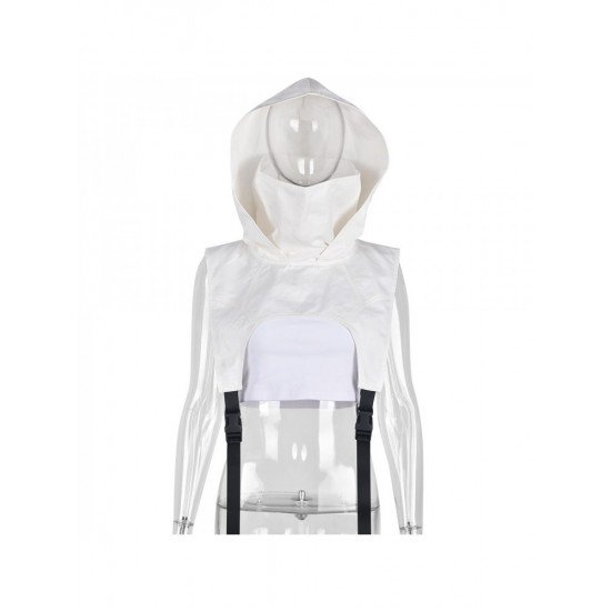 Designer White Sleeveless Hooded Collar Jacket Vest