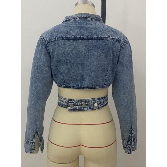 Designer Notch Collar Long Sleeve Cropped Denim Jackets