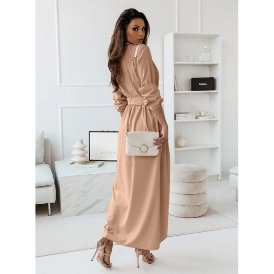  Temperament V Neck Pure Color Long Dress